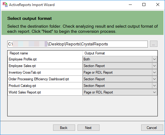 Select the Output Format for each report