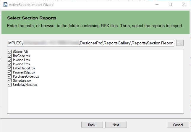 Select the reports to import