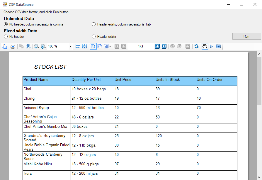 Report bound to CSV Data Source