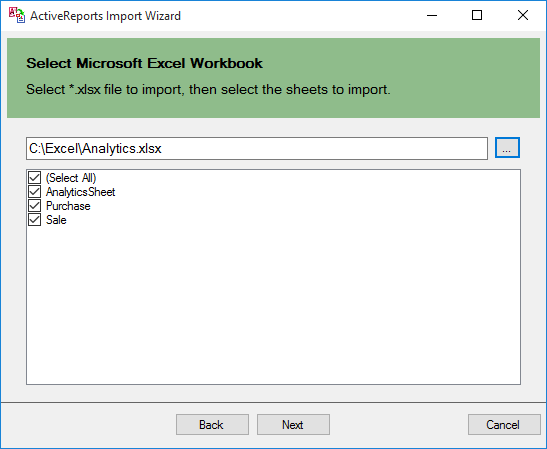 Select the sheets to import