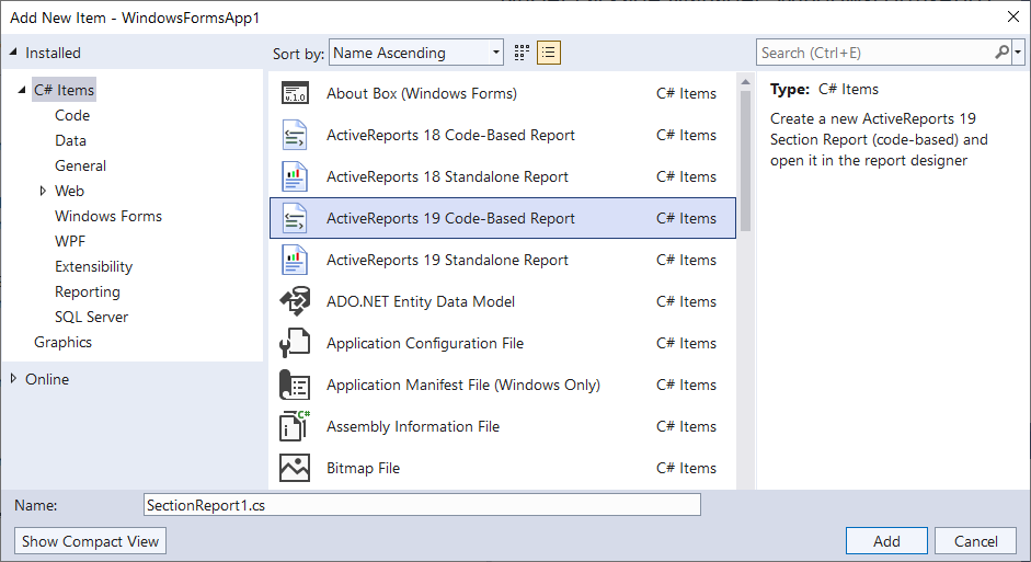 Select code-based section report template