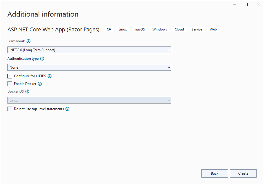 Create a new ASP.Net Core Web Application dialog