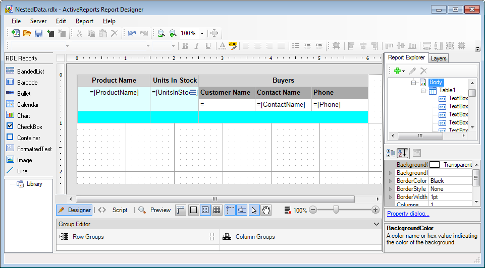 Nested Data Regions at design-time