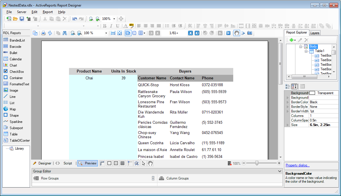 Nested Data Regions at run-time