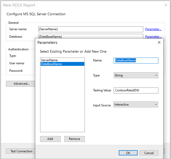 Enter the server connection details including Server name and DataBase
