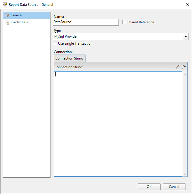 Report Data Source Dialog Box for MySql Data Provider