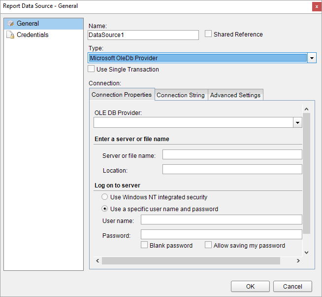 Report Data Source Dailog - OLEDB Data Source