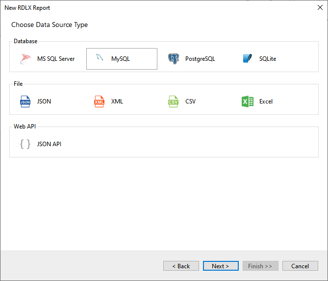 Select the Data Source Type as MYSql