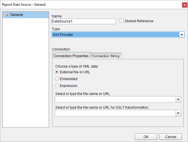 Report Data Source Dialog Box for XML Provider