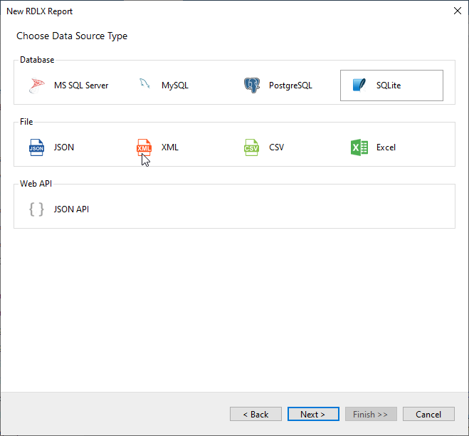 Select the Data Source Type as SQLite