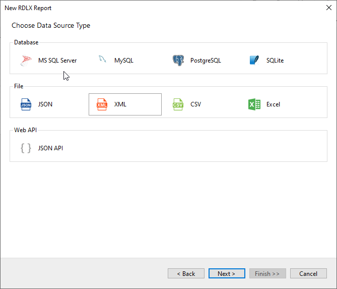Select Data Source Type - XML