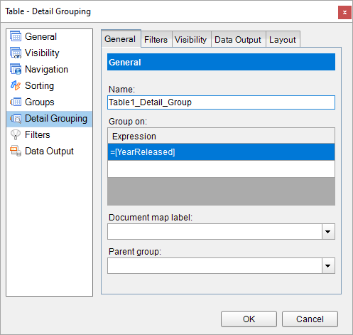 Table Detail Grouping dialog