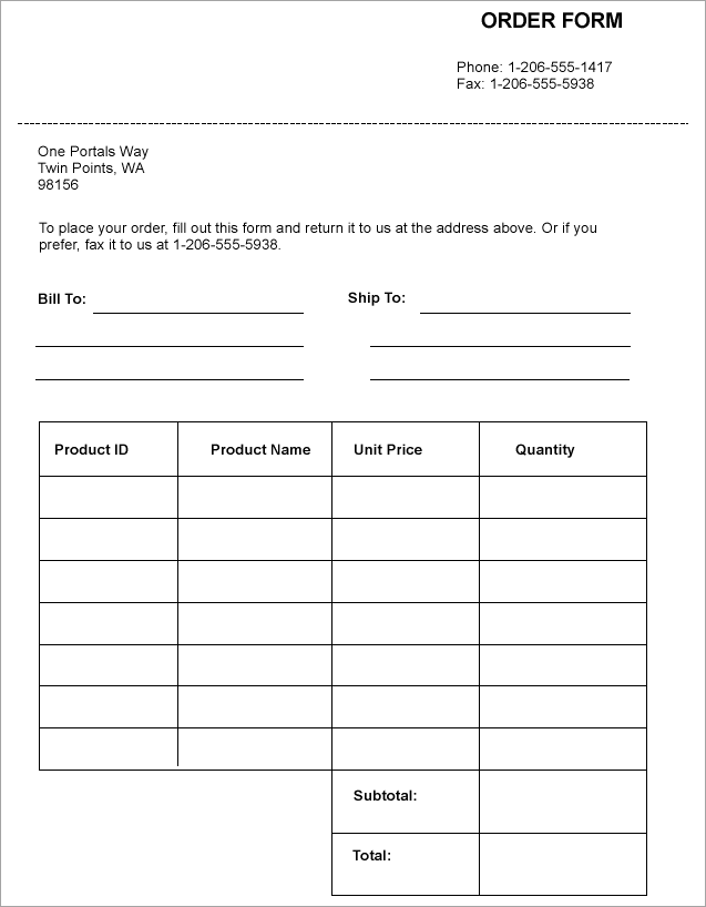 Order Form Report created with Line controls