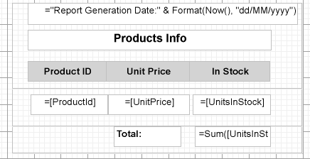 Products Report with TextBox controls at Design