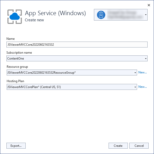 Create New App Service dialog