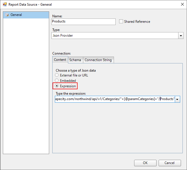 Update Expression in the Report Data Source connection