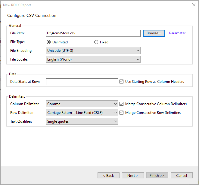 Configure CSV Connection screen