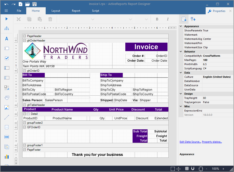 Section Report Design View