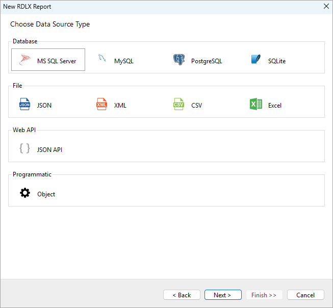 Choose Data Source Type of Report Wizard