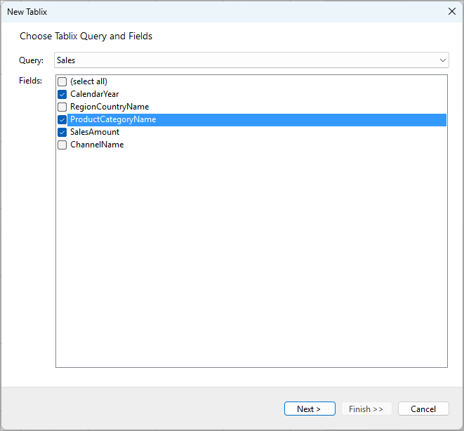 Choose Tablix Query and Fields in Tablix Wizard