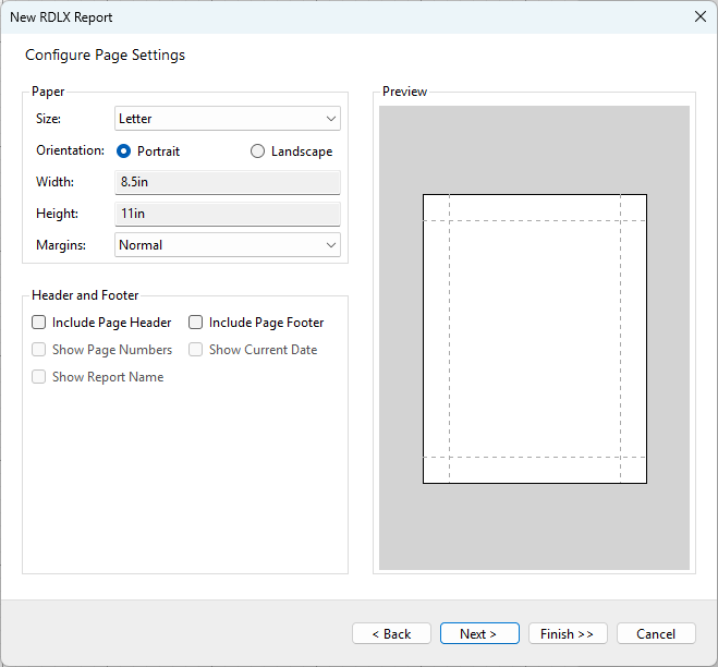 Configure Page Settings of the Report Wizard