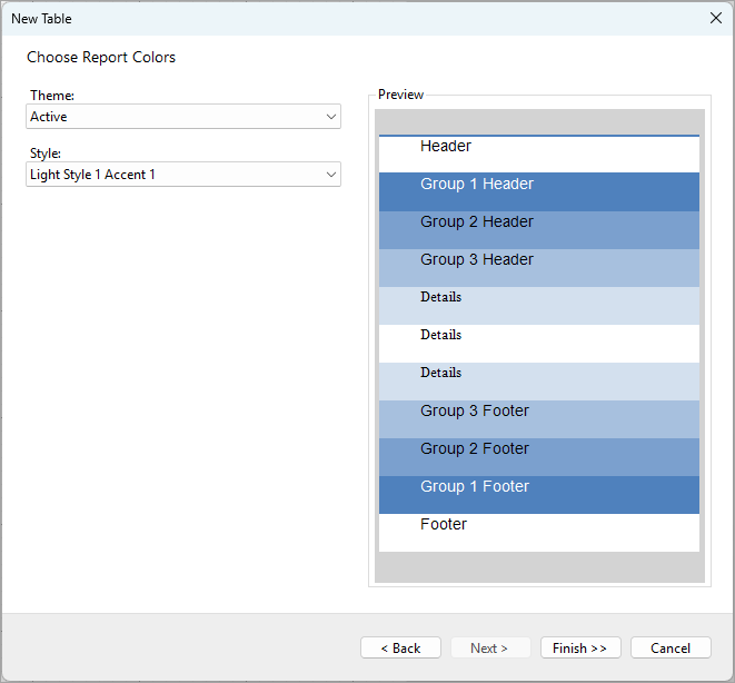 Configure Table Colors in Table Wizard
