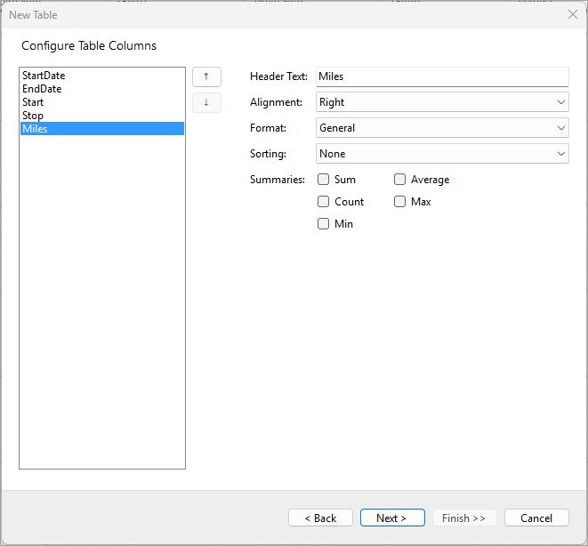 Configure Table Columns in Table Wizard