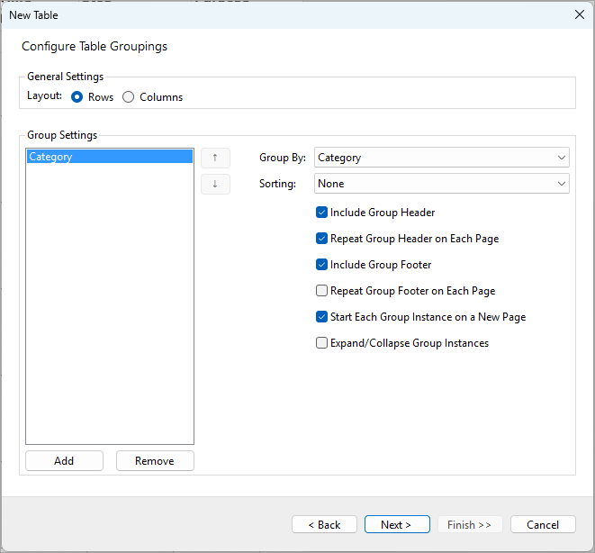 Configure Table Groupings in the Table Wizard