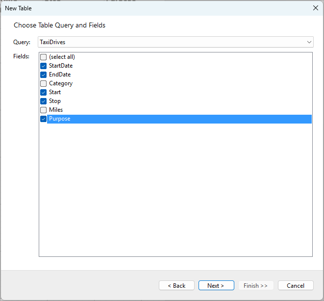 Choosing Table Query and Field in the Table Wizard