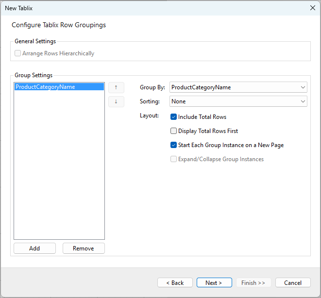 Configure Tablix Row Groupings in Tablix Wizard
