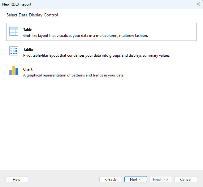 Select Data Display Control of Report Wizard