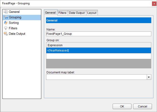 Fixed Page Grouping dialog