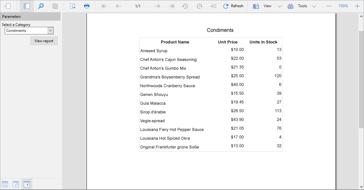Preview of the tabular report