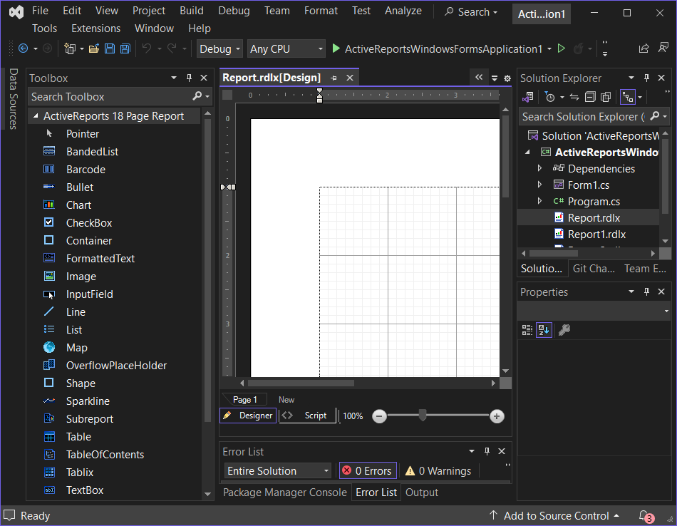 Visual Studio in dark theme