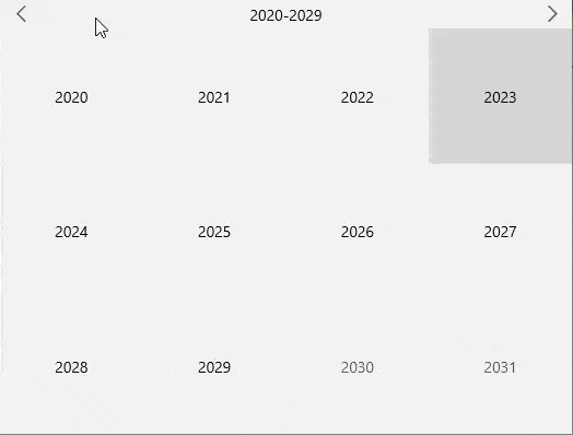 Navigation in the calendar with decade view mode.