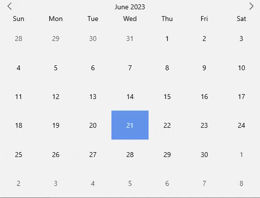 Calendar control showing different views