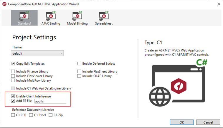 Enable Client IntelliSense and Add TS file check boxes from the ComponentOne ASP.NET MVC Application Wizard