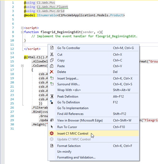 Selecting the Insert C1 MVC Control option from the context menu