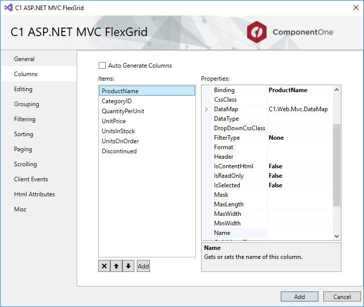 C1 ASP.NET MVC FlexGrid Scaffolder wizard displaying FlexGrid Columns list in Columns tab