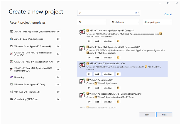 List of ComponentOne templates available for creating ASP.NET MVC application