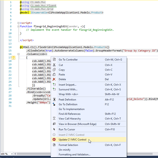 Selecting the Update C1 MVC Control option from the context menu