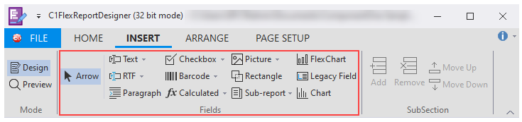 Image showing available types of fields in report designer