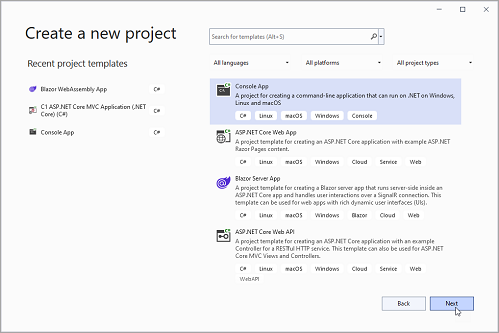 Create new project window