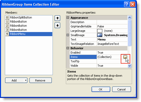 Menu items collection editor