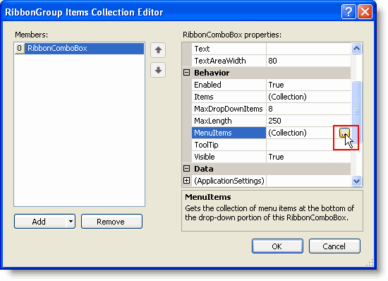 Menu items collection editor of combobox
