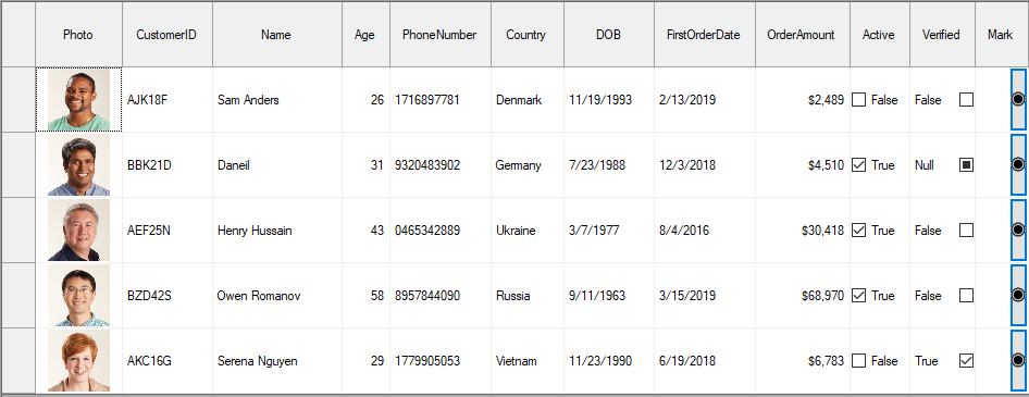 Grid showing various cell editors