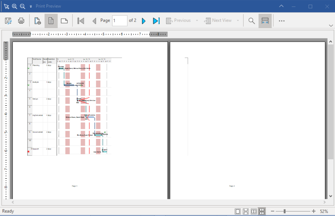 Displays the customized print preview dialog box in the Ganttview.