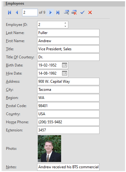 An image showing inputpanel in winforms application, displaying the details of employees in an organization.