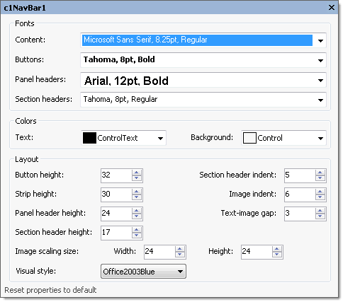 C1NavBar properties dialog box