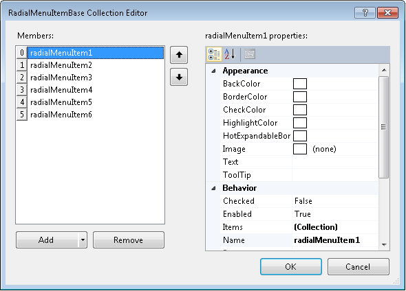 RadialMenuItemBase Collection Editor